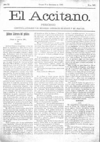 'El accitano  : periódico científico, literario y de intereses generales de Guadix y su partido' - Año XI Número 505  - 1901 septiembre 8