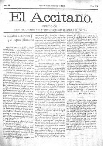 'El accitano  : periódico científico, literario y de intereses generales de Guadix y su partido' - Año XI Número 508  - 1901 septiembre 29