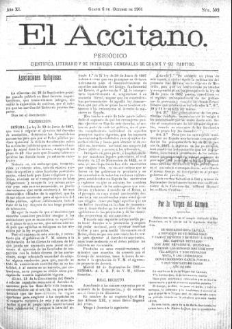 'El accitano  : periódico científico, literario y de intereses generales de Guadix y su partido' - Año XI Número 509  - 1901 octubre 6