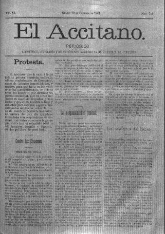 'El accitano  : periódico científico, literario y de intereses generales de Guadix y su partido' - Año XI Número 511  - 1901 octubre 20
