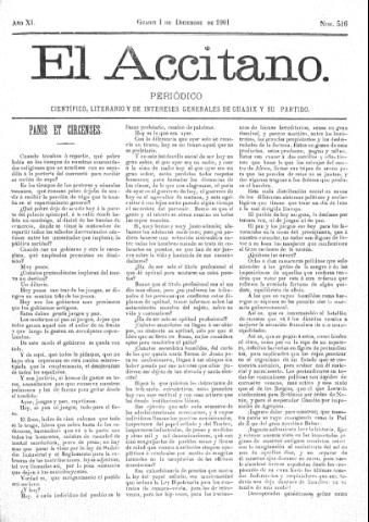 'El accitano  : periódico científico, literario y de intereses generales de Guadix y su partido' - Año XI Número 516  - 1901 diciembre 1