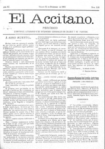 'El accitano  : periódico científico, literario y de intereses generales de Guadix y su partido' - Año XI Número 518  - 1901 diciembre 15
