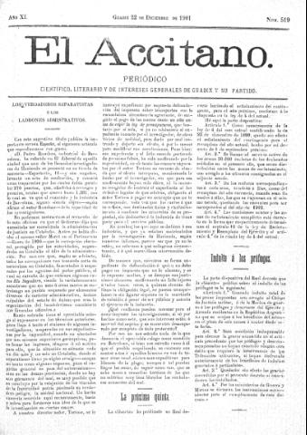 'El accitano  : periódico científico, literario y de intereses generales de Guadix y su partido' - Año XI Número 519  - 1901 diciembre 22