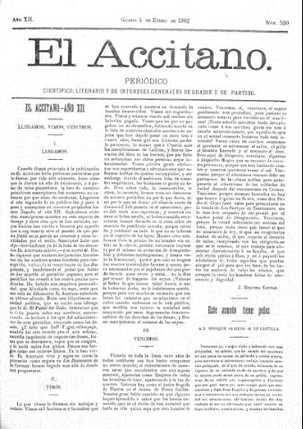 'El accitano  : periódico científico, literario y de intereses generales de Guadix y su partido' - Año XII Número 520  - 1902 enero 5