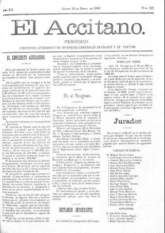 'El accitano  : periódico científico, literario y de intereses generales de Guadix y su partido' - Año XII Número 521  - 1902 enero 12