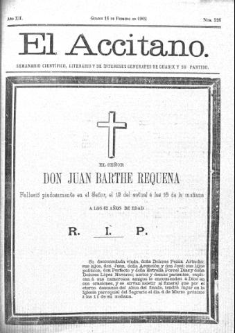 'El accitano  : periódico científico, literario y de intereses generales de Guadix y su partido' - Año XII Número 526  - 1902 febrero 16
