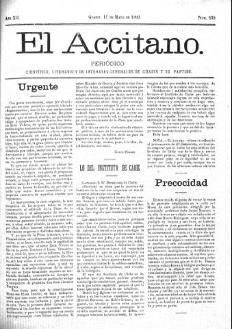 'El accitano  : periódico científico, literario y de intereses generales de Guadix y su partido' - Año XII Número 538  - 1902 mayo 11
