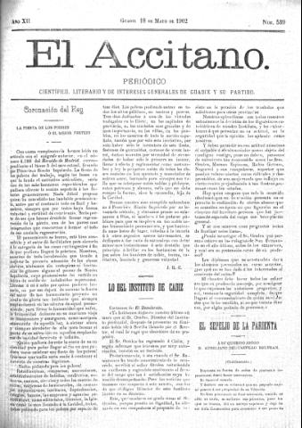 'El accitano  : periódico científico, literario y de intereses generales de Guadix y su partido' - Año XII Número 539  - 1902 mayo 18