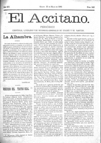 'El accitano  : periódico científico, literario y de intereses generales de Guadix y su partido' - Año XII Número 540  - 1902 mayo 25