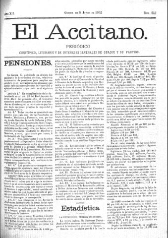 'El accitano  : periódico científico, literario y de intereses generales de Guadix y su partido' - Año XII Número 542  - 1902 junio 8