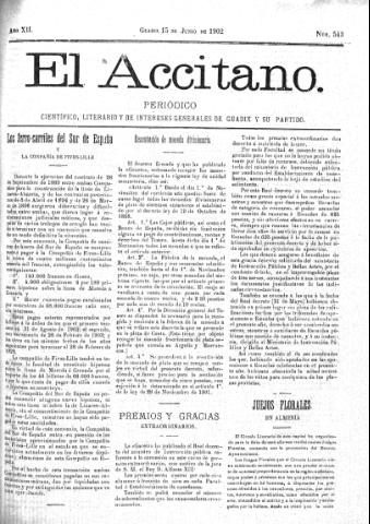 'El accitano  : periódico científico, literario y de intereses generales de Guadix y su partido' - Año XII Número 543  - 1902 junio 15