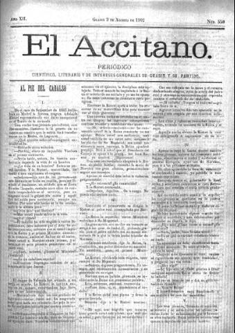 'El accitano  : periódico científico, literario y de intereses generales de Guadix y su partido' - Año XII Número 550  - 1902 agosto 3