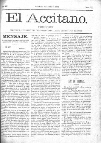 'El accitano  : periódico científico, literario y de intereses generales de Guadix y su partido' - Año XII Número 553  - 1902 agosto 24