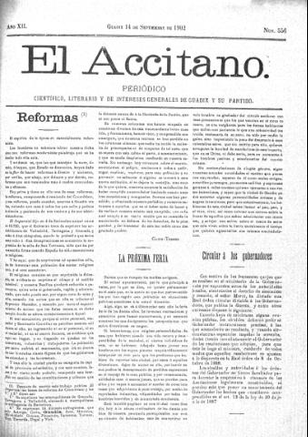 'El accitano  : periódico científico, literario y de intereses generales de Guadix y su partido' - Año XII Número 556  - 1902 septiembre 14