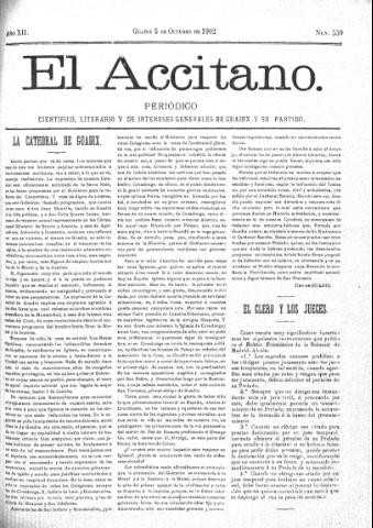 'El accitano  : periódico científico, literario y de intereses generales de Guadix y su partido' - Año XII Número 559  - 1902 octubre 5