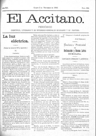 'El accitano  : periódico científico, literario y de intereses generales de Guadix y su partido' - Año XII Número 563  - 1902 noviembre 2