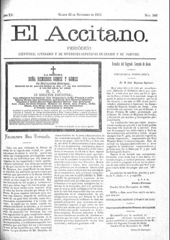 'El accitano  : periódico científico, literario y de intereses generales de Guadix y su partido' - Año XII Número 566  - 1902 noviembre 23