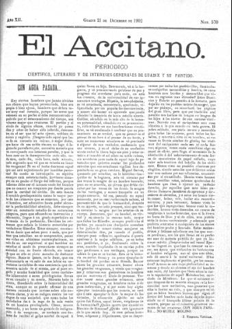'El accitano  : periódico científico, literario y de intereses generales de Guadix y su partido' - Año XII Número 570  - 1902 diciembre 21