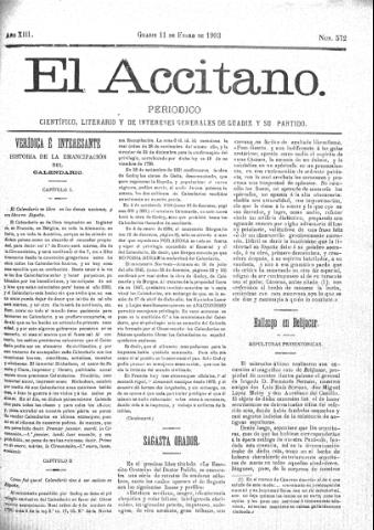 'El accitano  : periódico científico, literario y de intereses generales de Guadix y su partido' - Año XIII Número 572  - 1903 enero 11