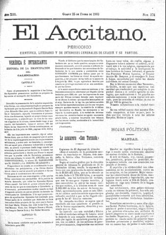 'El accitano  : periódico científico, literario y de intereses generales de Guadix y su partido' - Año XIII Número 574  - 1903 enero 25