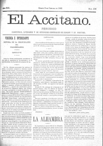 'El accitano  : periódico científico, literario y de intereses generales de Guadix y su partido' - Año XIII Número 576  - 1903 febrero 8
