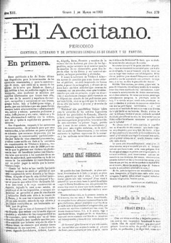 'El accitano  : periódico científico, literario y de intereses generales de Guadix y su partido' - Año XIII Número 579  - 1903 marzo 1