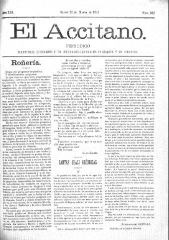 'El accitano  : periódico científico, literario y de intereses generales de Guadix y su partido' - Año XIII Número 582  - 1903 marzo 22