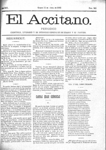 'El accitano  : periódico científico, literario y de intereses generales de Guadix y su partido' - Año XIII Número 585  - 1903 abril 12