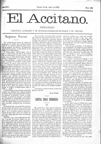'El accitano  : periódico científico, literario y de intereses generales de Guadix y su partido' - Año XIII Número 586  - 1903 abril 19