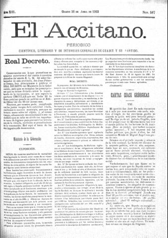 'El accitano  : periódico científico, literario y de intereses generales de Guadix y su partido' - Año XIII Número 587  - 1903 abril 26