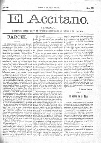 'El accitano  : periódico científico, literario y de intereses generales de Guadix y su partido' - Año XIII Número 593  - 1903 mayo 31