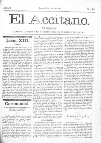 'El accitano  : periódico científico, literario y de intereses generales de Guadix y su partido' - Año XIII Número 601  - 1903 julio 26