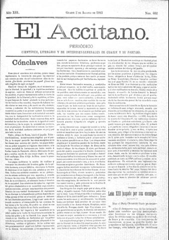 'El accitano  : periódico científico, literario y de intereses generales de Guadix y su partido' - Año XIII Número 602  - 1903 agosto 2