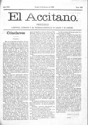 'El accitano  : periódico científico, literario y de intereses generales de Guadix y su partido' - Año XIII Número 603  - 1903 agosto 9