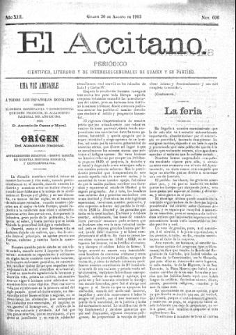 'El accitano  : periódico científico, literario y de intereses generales de Guadix y su partido' - Año XIII Número 606  - 1903 agosto 30