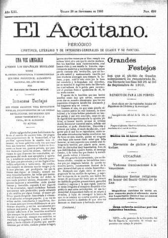 'El accitano  : periódico científico, literario y de intereses generales de Guadix y su partido' - Año XIII Número 609  - 1903 septiembre 20