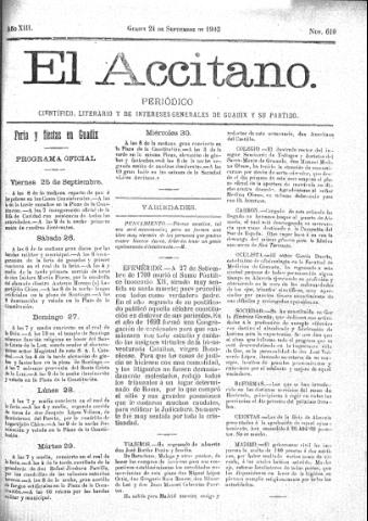 'El accitano  : periódico científico, literario y de intereses generales de Guadix y su partido' - Año XIII Número 610  - 1903 septiembre 24