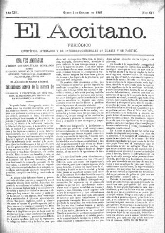 'El accitano  : periódico científico, literario y de intereses generales de Guadix y su partido' - Año XIII Número 611  - 1903 octubre 4