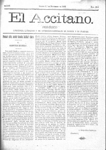 'El accitano  : periódico científico, literario y de intereses generales de Guadix y su partido' - Año XIII Número 615  - 1903 noviembre 1