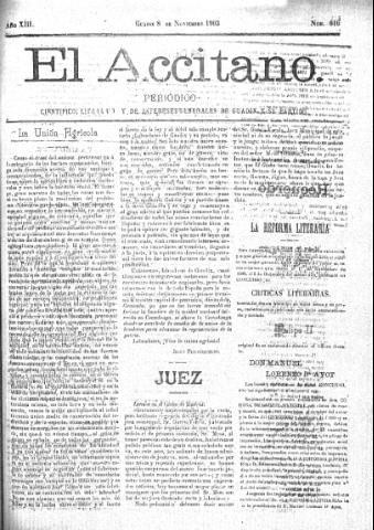 'El accitano  : periódico científico, literario y de intereses generales de Guadix y su partido' - Año XIII Número 616  - 1903 noviembre 8