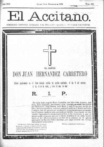 'El accitano  : periódico científico, literario y de intereses generales de Guadix y su partido' - Año XIII Número 620  - 1903 diciembre 14