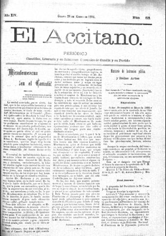 'El accitano  : periódico científico, literario y de intereses generales de Guadix y su partido' - Año XIV Número 623  - 1904 enero 28