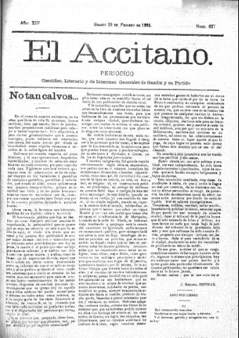 'El accitano  : periódico científico, literario y de intereses generales de Guadix y su partido' - Año XIV Número 627  - 1904 febrero 28