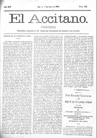 'El accitano  : periódico científico, literario y de intereses generales de Guadix y su partido' - Año XIV Número 632  - 1904 abril 17