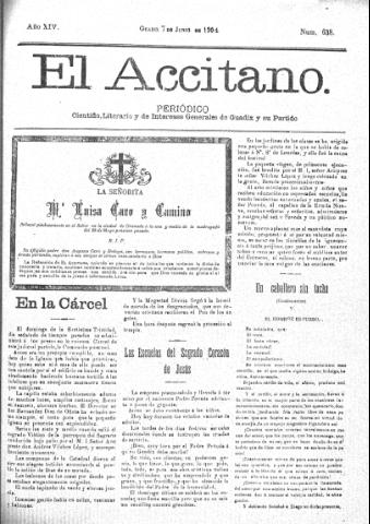 'El accitano  : periódico científico, literario y de intereses generales de Guadix y su partido' - Año XIV Número 638  - 1904 junio 7