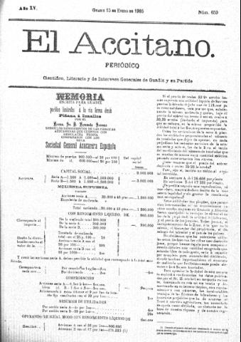 'El accitano  : periódico científico, literario y de intereses generales de Guadix y su partido' - Año XV Número 659  - 1905 enero 15
