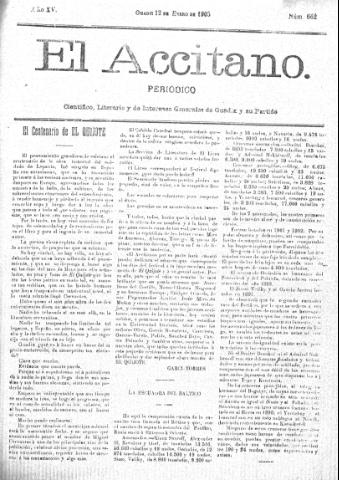 'El accitano  : periódico científico, literario y de intereses generales de Guadix y su partido' - Año XV Número 662  - 1905 febrero 12