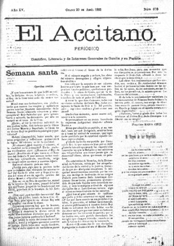 'El accitano  : periódico científico, literario y de intereses generales de Guadix y su partido' - Año XV Número 670  - 1905 abril 20