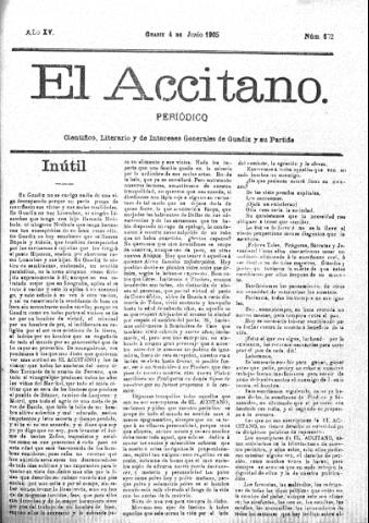 'El accitano  : periódico científico, literario y de intereses generales de Guadix y su partido' - Año XV Número 672  - 1905 junio 4
