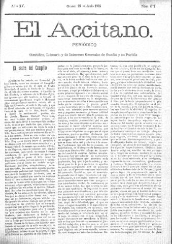 'El accitano  : periódico científico, literario y de intereses generales de Guadix y su partido' - Año XV Número 674  - 1905 junio 18